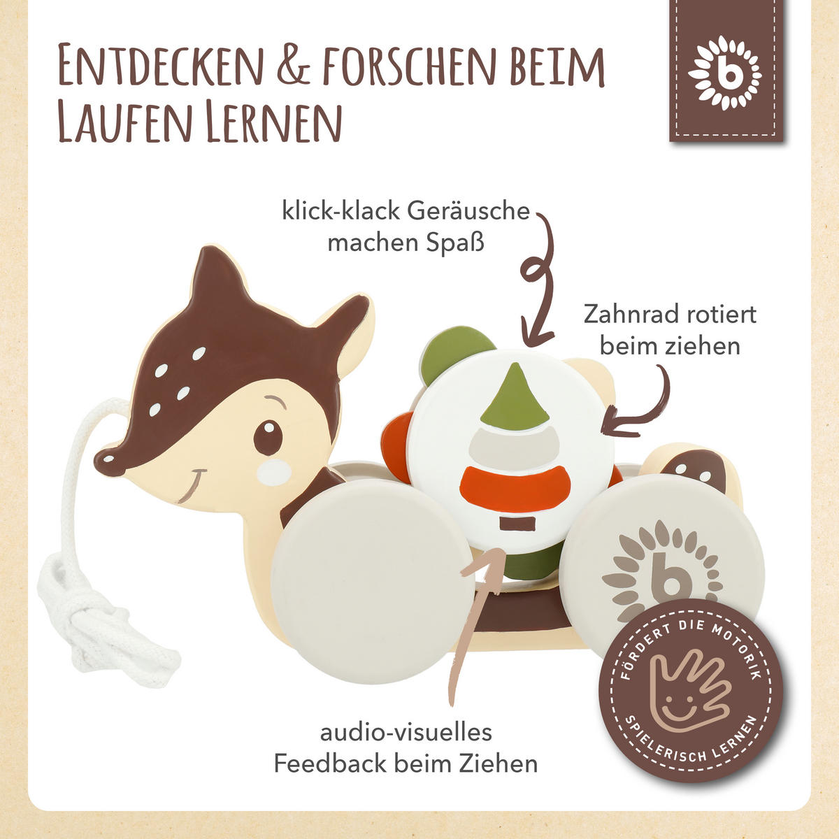 NACHZIEHSPIELZEUG Holz Reh - ab 12 Monat - Braun, Holz (6/17cm) - Bieco Spielwaren