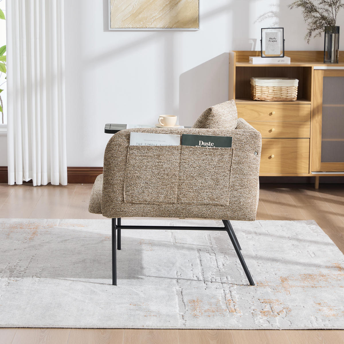 SESSEL Chenille Khaki mit Beistelltisch und Seitentaschen - Hellbraun, Textil/Metall (86/71/72cm) - WISHDOR