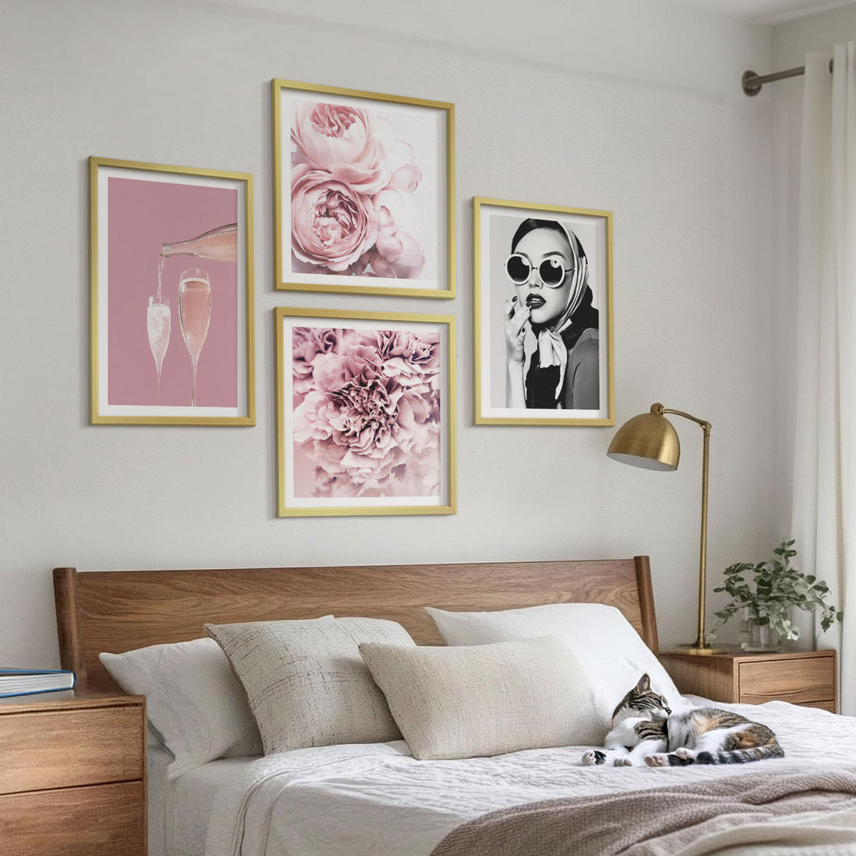 BILDER SET 4er Set - 50x50 cm & 40x60 cm Goldrahmen - Blumen, Pfingstrosen, Rosen, Eleganz - Goldfarben, Kunststoff (50/50cm) - TULUP