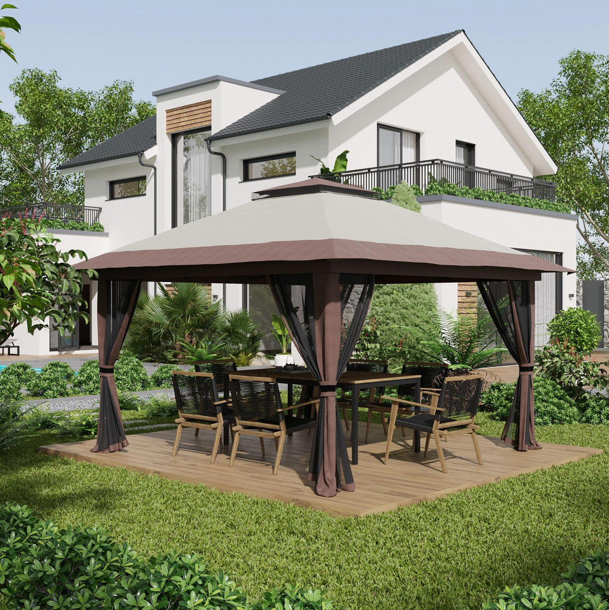 PAVILLON Faltpavillon 392/392/283 cm aus Polyester mit höhenverstellbarem Doppeldach Beige - Beige, Textil (392/283/392cm) - Modenvie