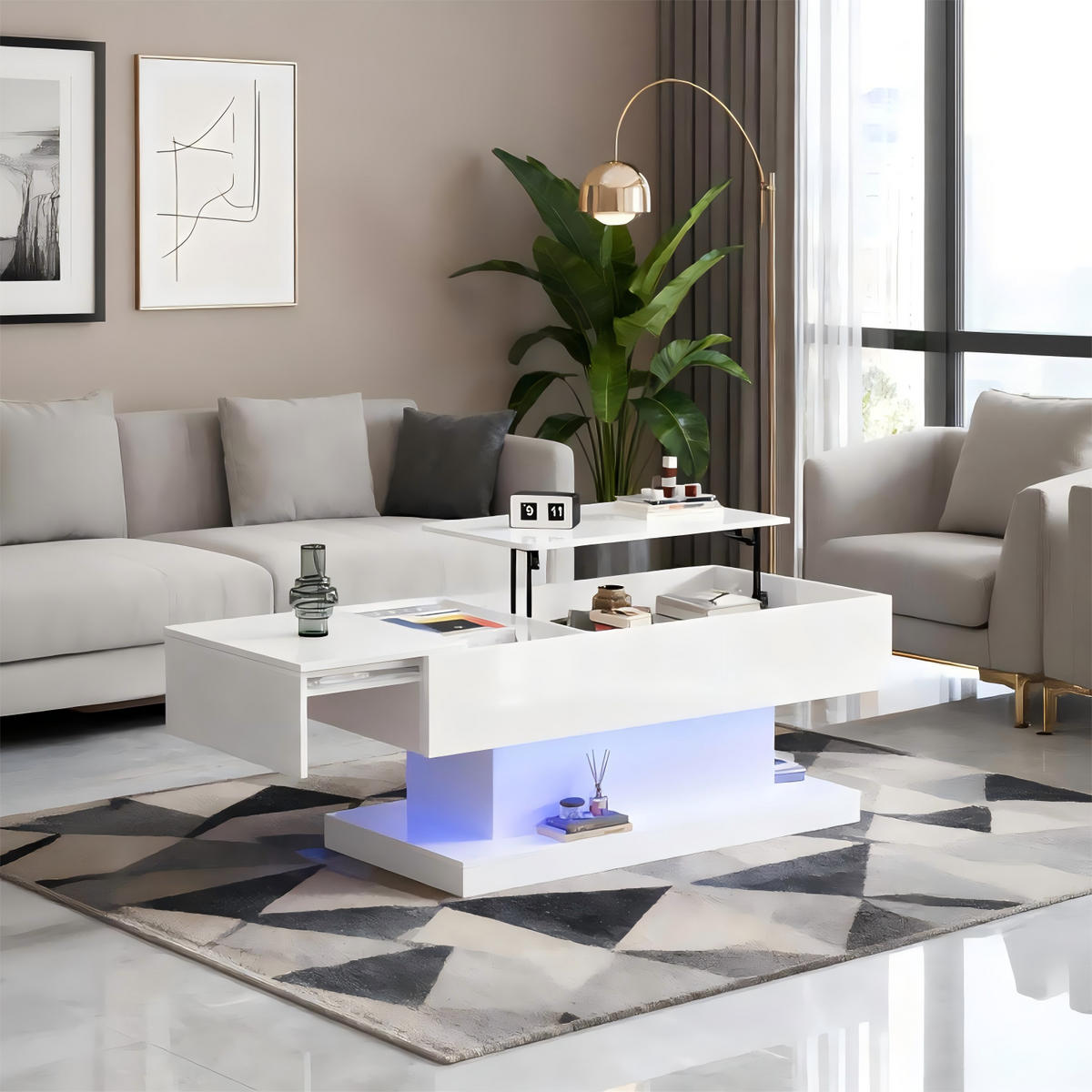 COUCHTISCH Weiß Hochglanz mit Stauraum & Lift-Top - Weiß, Holzwerkstoff/Metall (50/100/45cm) - Urban Meuble