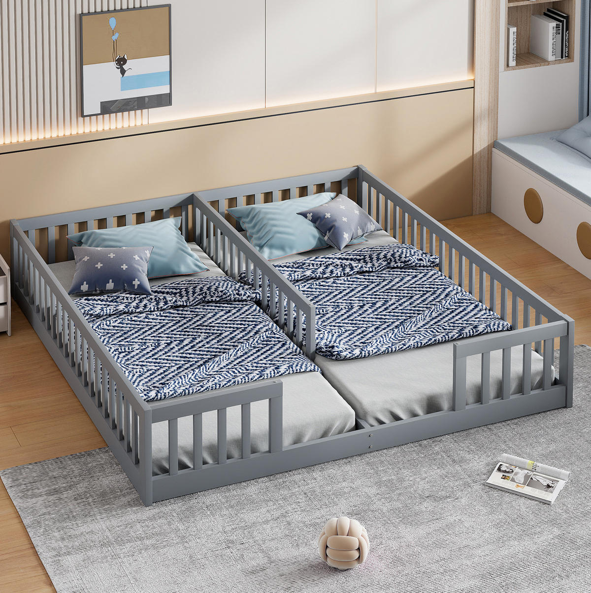 KINDERBETT 90/200 cm grau aus Kiefernholz und MDF mit Sicherheitsgitter - Grau, Holz (90/200cm) - OKMYHOME