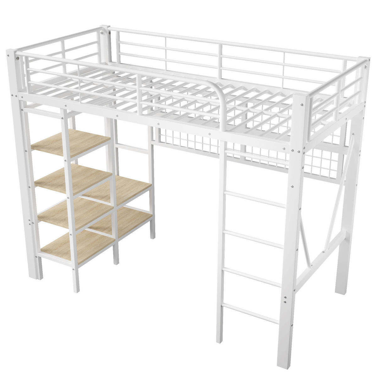 HOCHBETT aus Metall und MDF 90x200 cm Weiß mit Schreibtisch, LED-Beleuchtung, USB-Anschluss und Stauraumleiter - Weiß, Metall (90/200cm) - Modfu