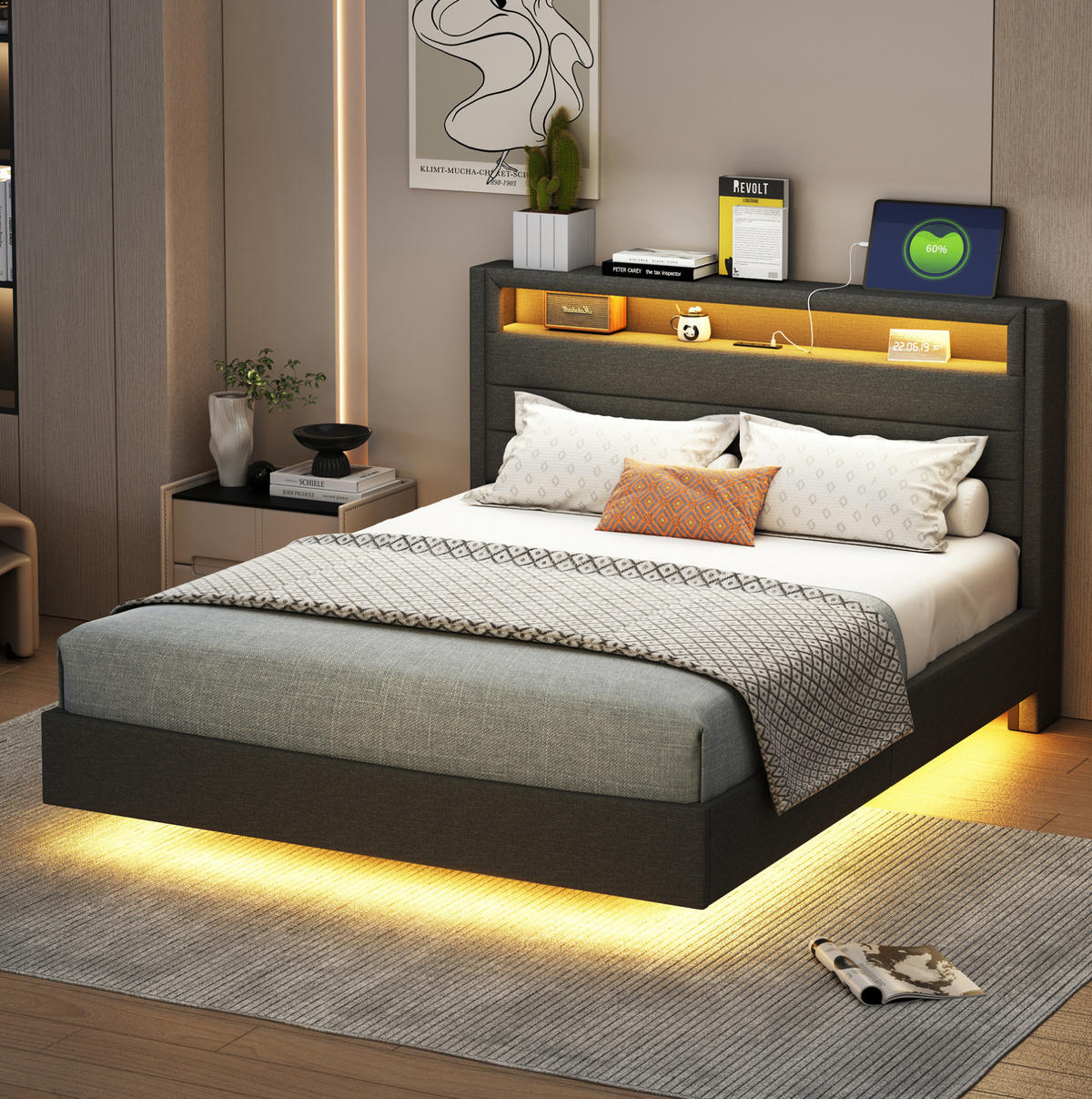 POLSTERBETT 140/200 cm mit USB-Anschluss, LED-Beleuchtung und drehbarem Kopfteil, Grau - Grau, Textil (140/200cm) - Redom