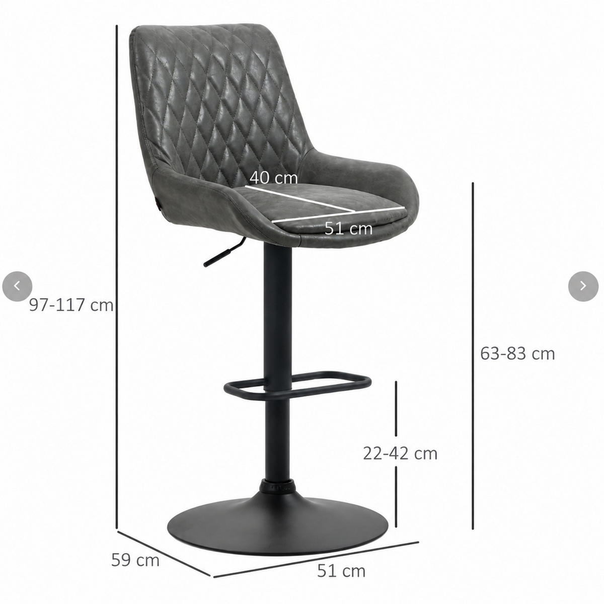 BARHOCKER 2er-Set höhenverstellbar mit Rückenlehne und Fußstütze - Dunkelgrau, Leder (59/117/51cm) - MIVRAY