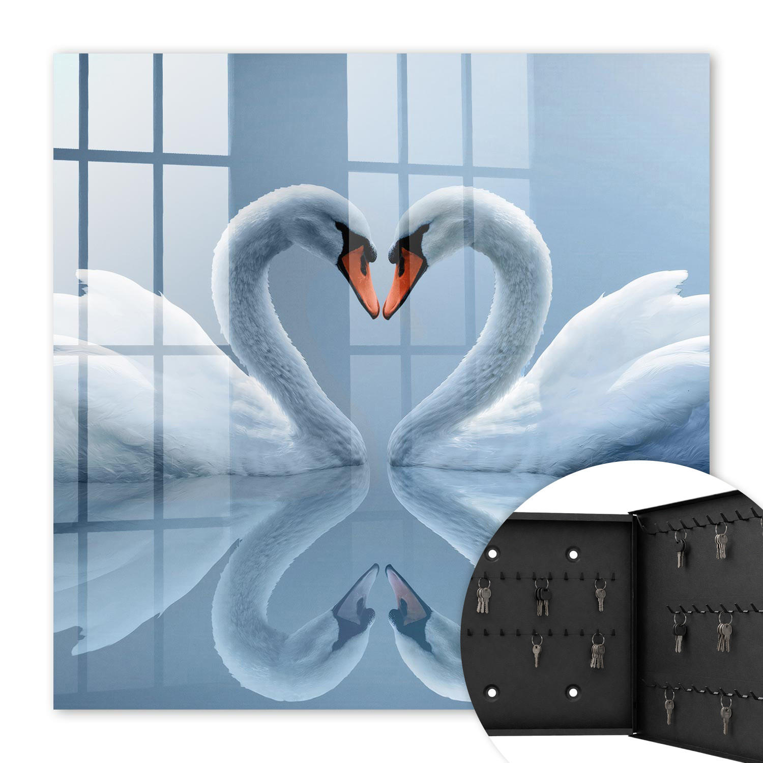 SCHLÜSSELBOX Schwarz 30x30 cm- Türöffnung nach rechts - Schwanenliebe - Weiß, Metall (30/30/5cm) - TULUP