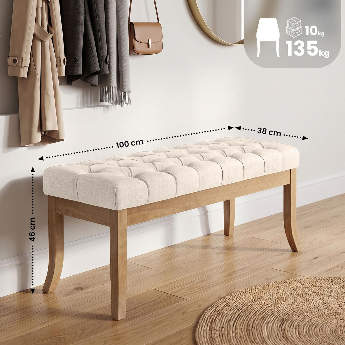 SITZBANK 100/38 cm Stoff Creme - Creme/Naturfarben, Holz/Textil (100/46/38cm) - CLP