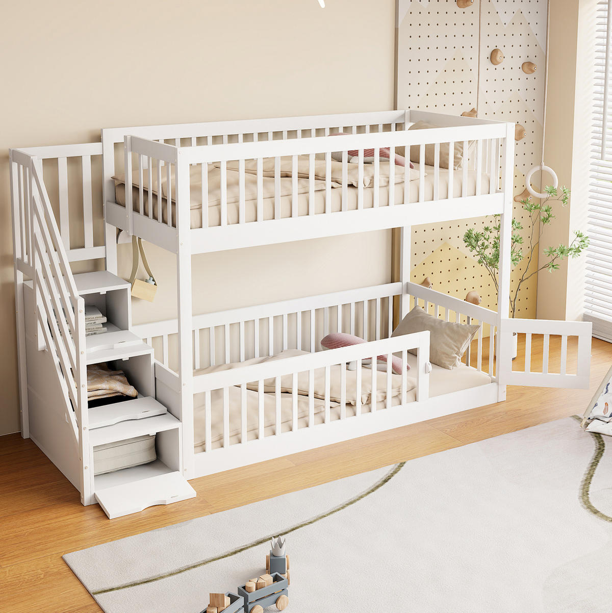 ETAGENBETT 90/200 cm mit Stauraumtreppe, Schubladen und Spielbereich, Weiß - Weiß, Holzwerkstoff (90/200cm) - Redom