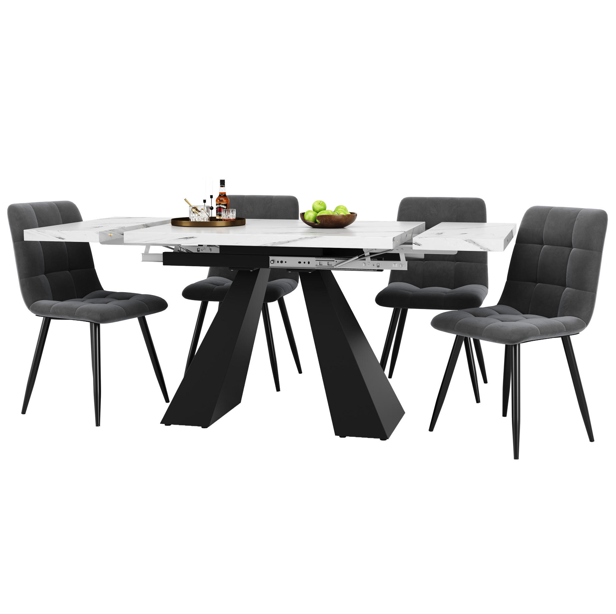 TISCHGRUPPE für 4 Personen mit 4 Polsterstühlen in Samt und Marmoroptik - Weiß, Holzwerkstoff (74/77/159cm) - BEAOK