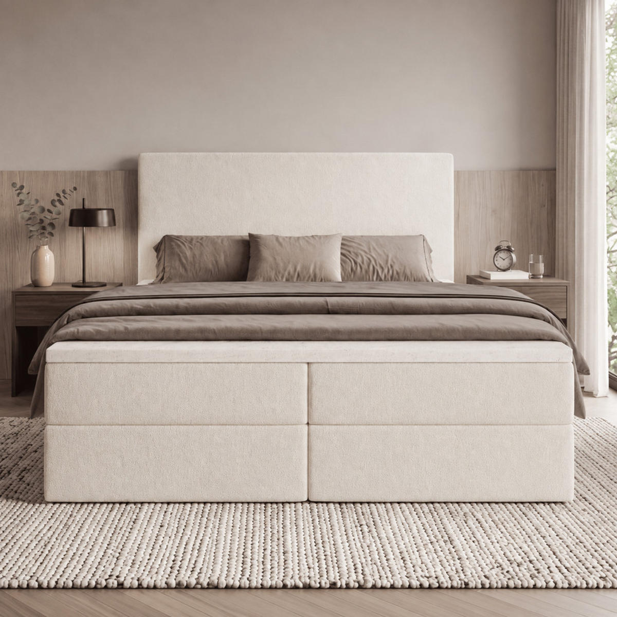 BOXBETT SENTO 140x200 cm mit Bettkasten, Bonell-Matratze H3 und Topper – Bouclé Creme - Creme, Textil (140/200cm) - Luxkor24