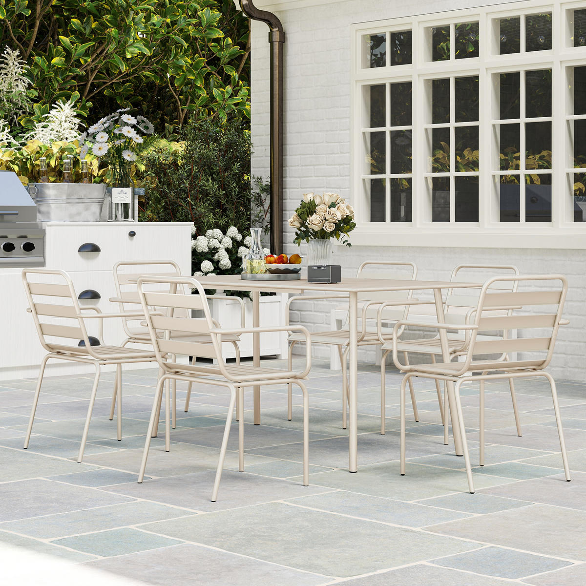 GARTENTISCHGRUPPE DE-18100 7-teilig, stapelbar Beige - Beige, Metall - ComfortXL