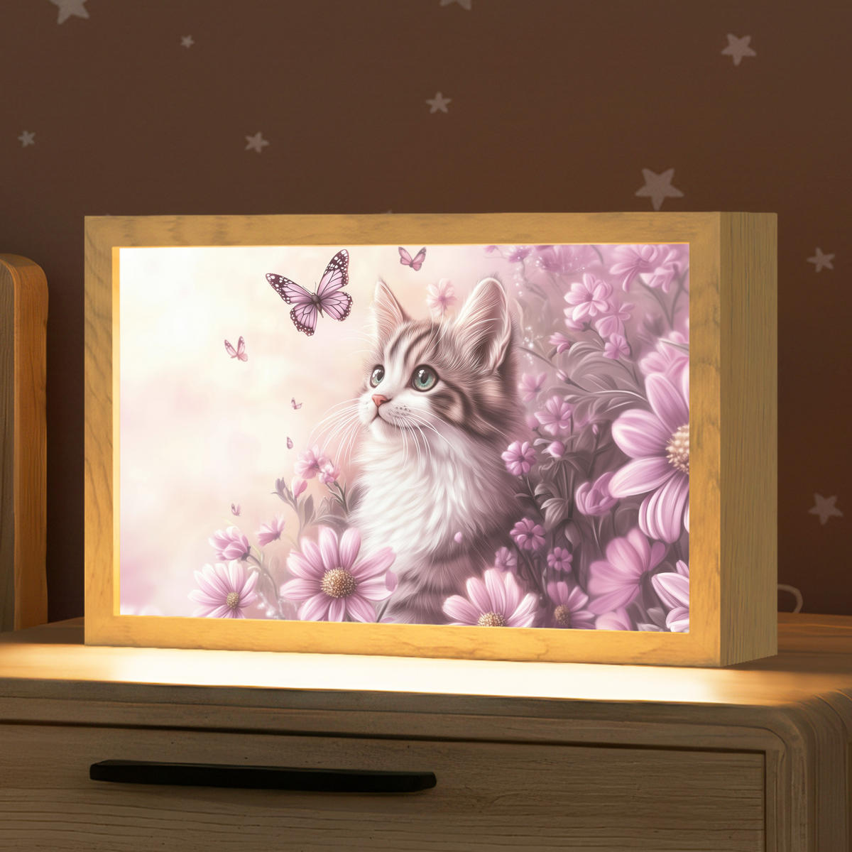 NACHTTISCHLAMPE Kätzchen - Blumen - Schmetterlinge - Lila 30x20 cm - Altrosa, Holzwerkstoff (8/30/20cm)