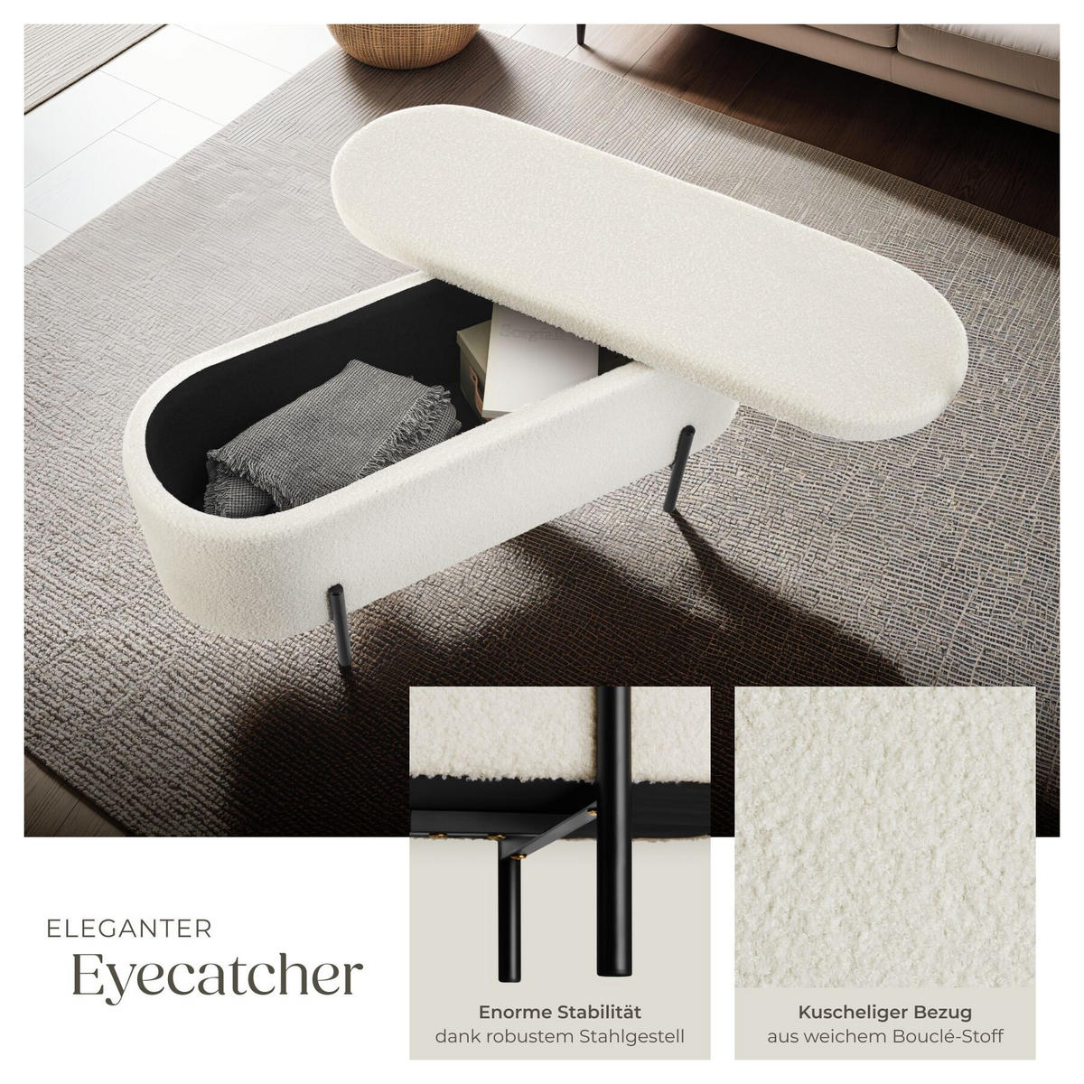 TRUHENBANK Lanja,97 x 36 x 42 cm Bouclé creme-weiß - Creme/Weiß, Holz (36/43/96cm) - tectake