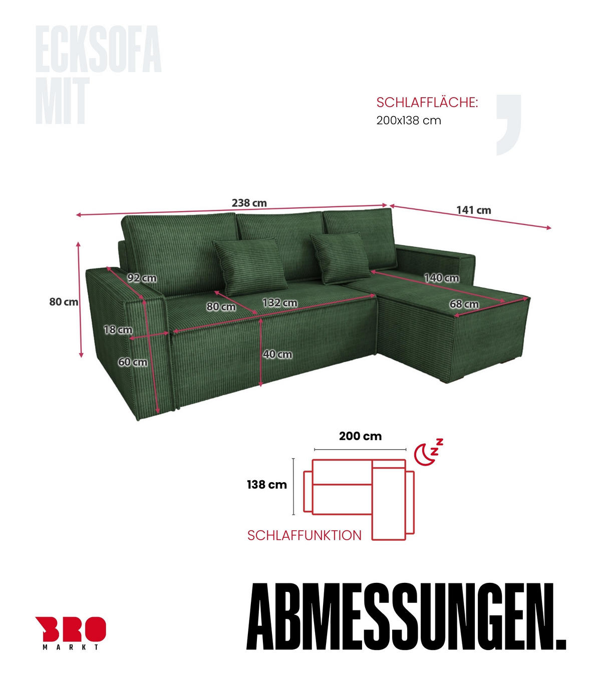 ECKSOFA Dexter mit Schlaffunktion Grün Cord - Grün, Textil (238/141cm) - Bromarkt