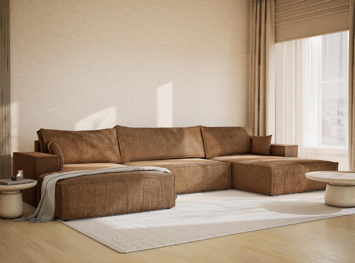 WOHNLANDSCHAFT Kyoto Hellbraun Chenille-Stoff - Hellbraun/Schwarz, Holz/Holzwerkstoff (398/70/148cm) - Maison de Reve