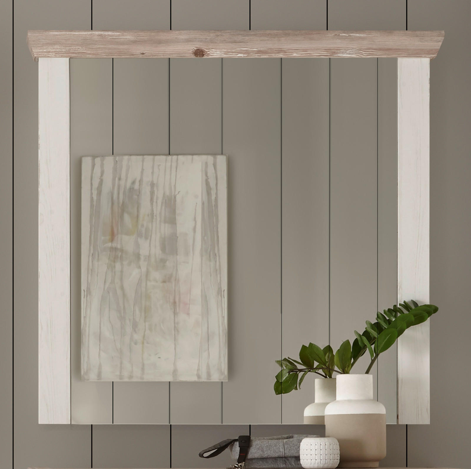 GARDEROBENSPIEGEL Pinie weiß, Oslo Pinie Landhaus, Spiegel, 107 x 110 cm - Weiß/Pinienfarben, Holzwerkstoff (107/110/8cm) - Furn.Design