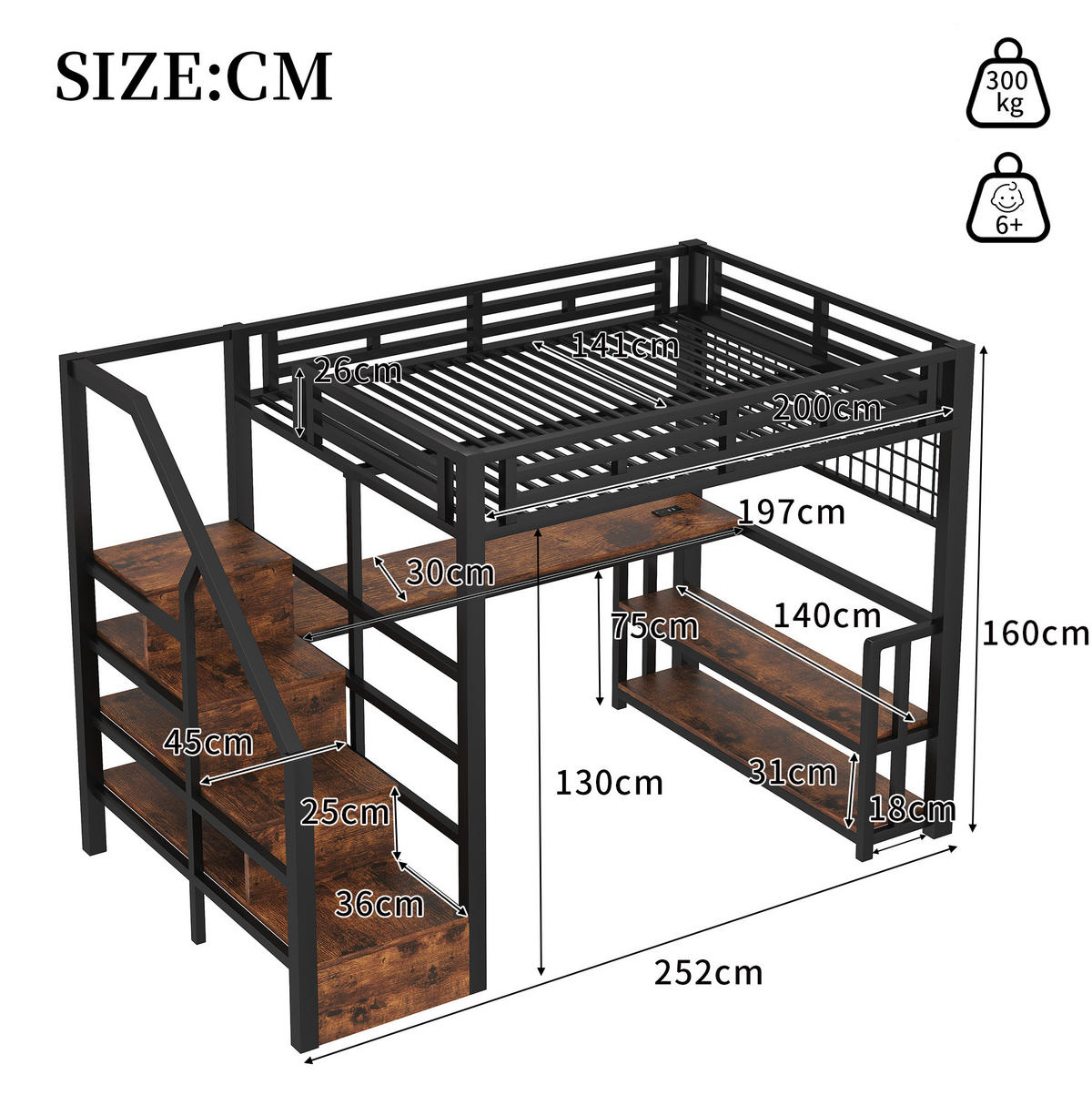 HOCHBETT aus Metall und MDF 140x200 cm Schwarz mit LED-Lichtleiste, Schreibtisch, Stauraum und USB/Typ-C-Anschlüssen - Schwarz, Metall (140/200cm) - Modfu