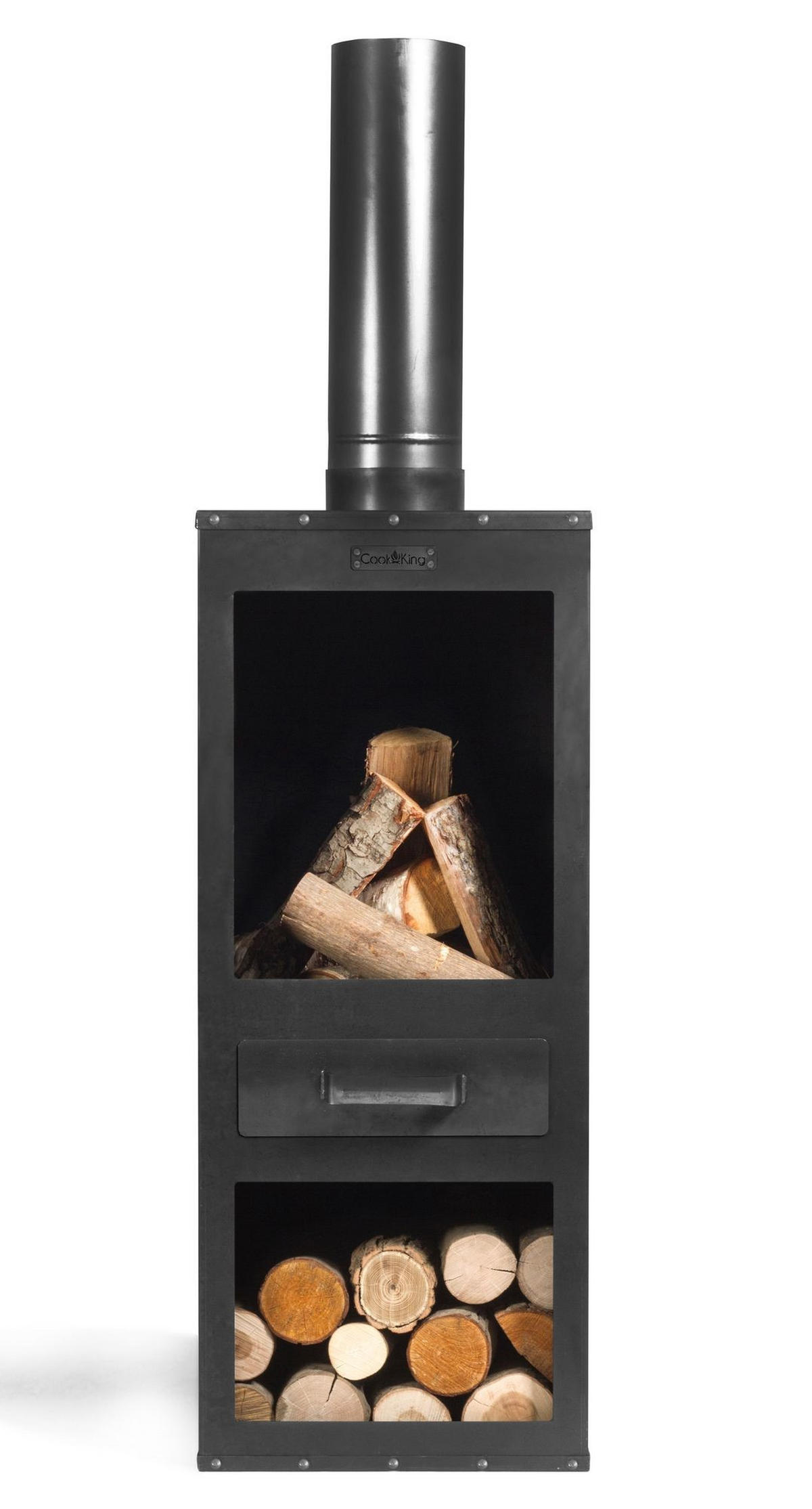 GARTENOFEN Delaware Stahl 150 cm mit Brennkammer & Holzlager - Schwarz, Metall (40/150/40cm) - Mr. Deko