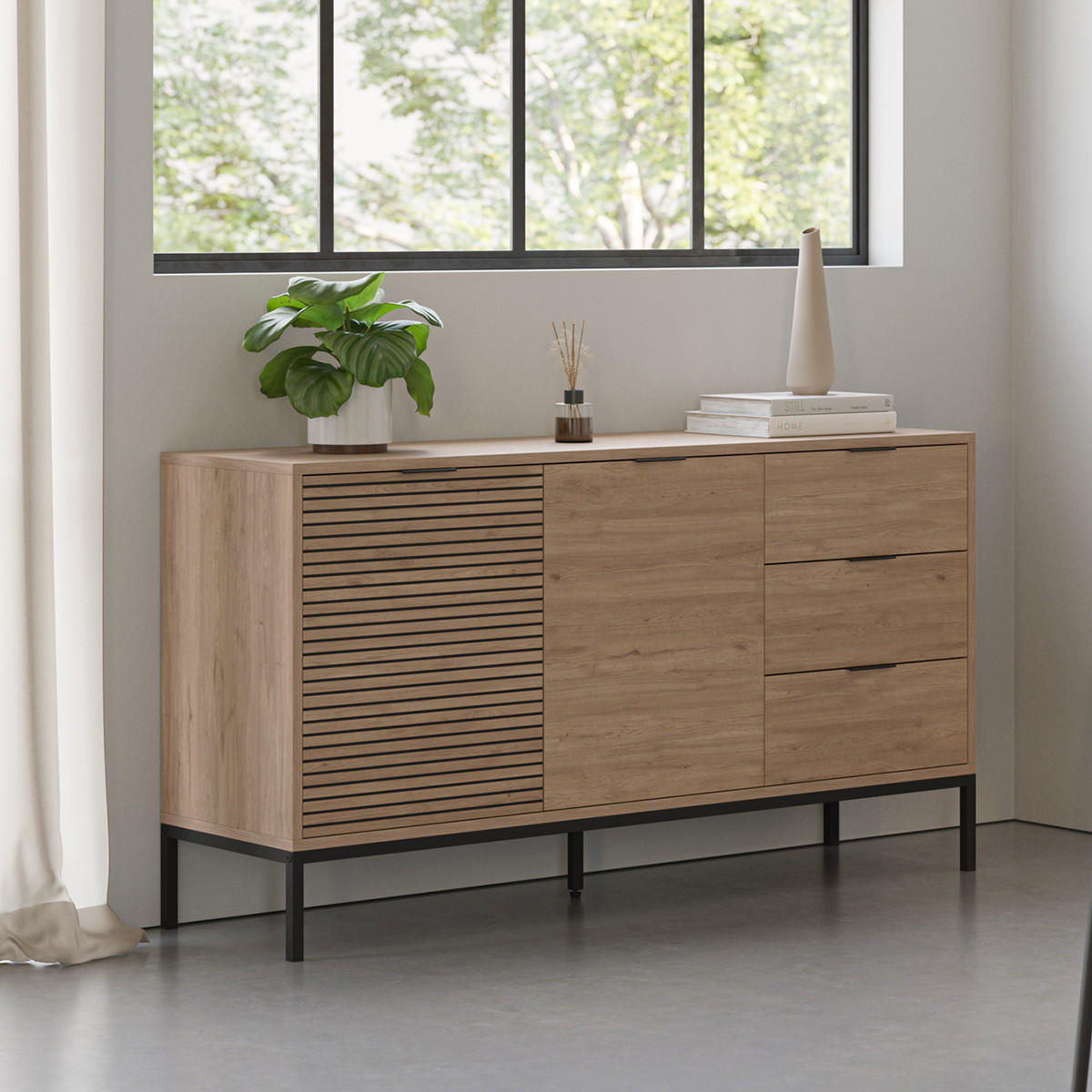 SIDEBOARD 3 Türen und Metallfüße ariel 40/80/140 cm - Braun, Holz (40/80/140cm) - Calicosy
