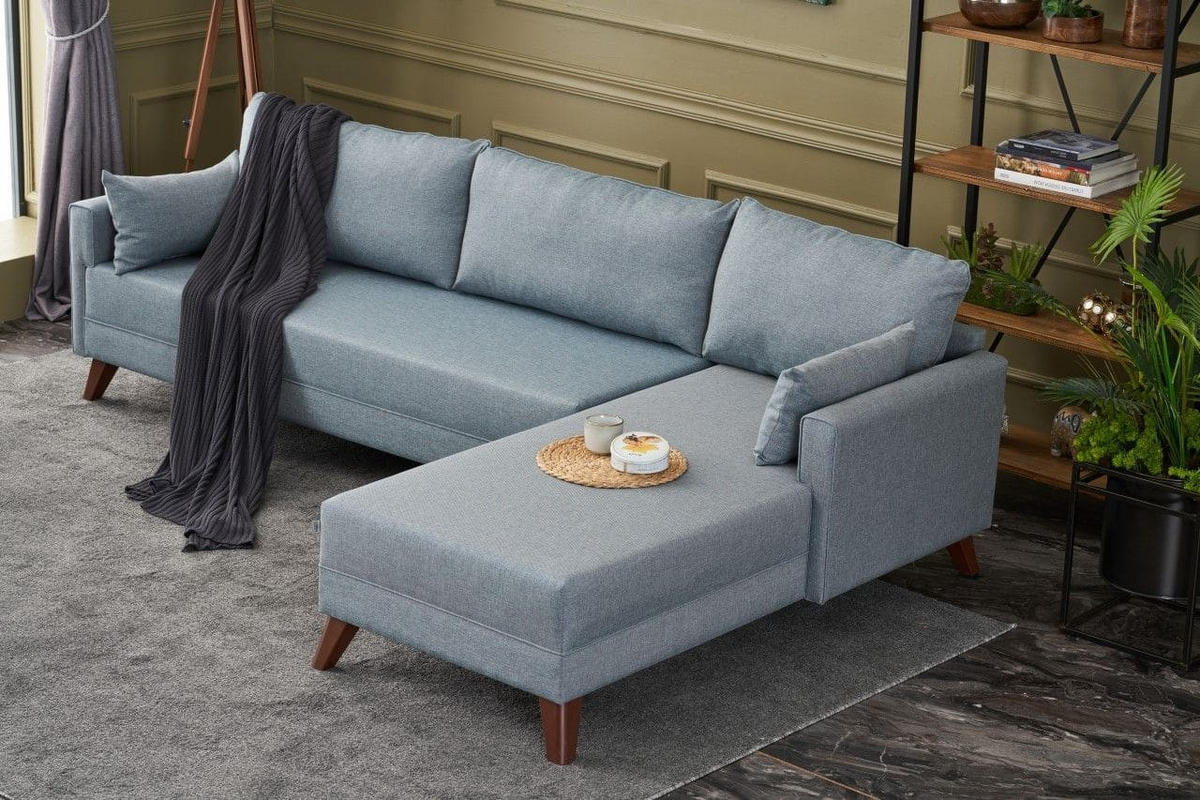 ECKSOFA mit losen Rückenkissen und Schlaffläche - Blau/Walnussfarben, Holz/Kunststoff (165/275cm) - myHomelando