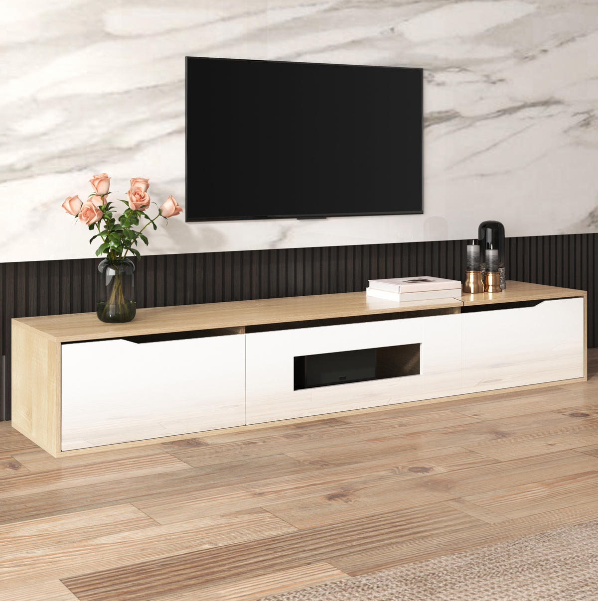 TV-SCHRANK mit LED-Beleuchtung 180 x 35 x 30 cm Weiß Holzoptik - Birnbaumfarben, Holzwerkstoff (35/30/180cm) - Beauniv