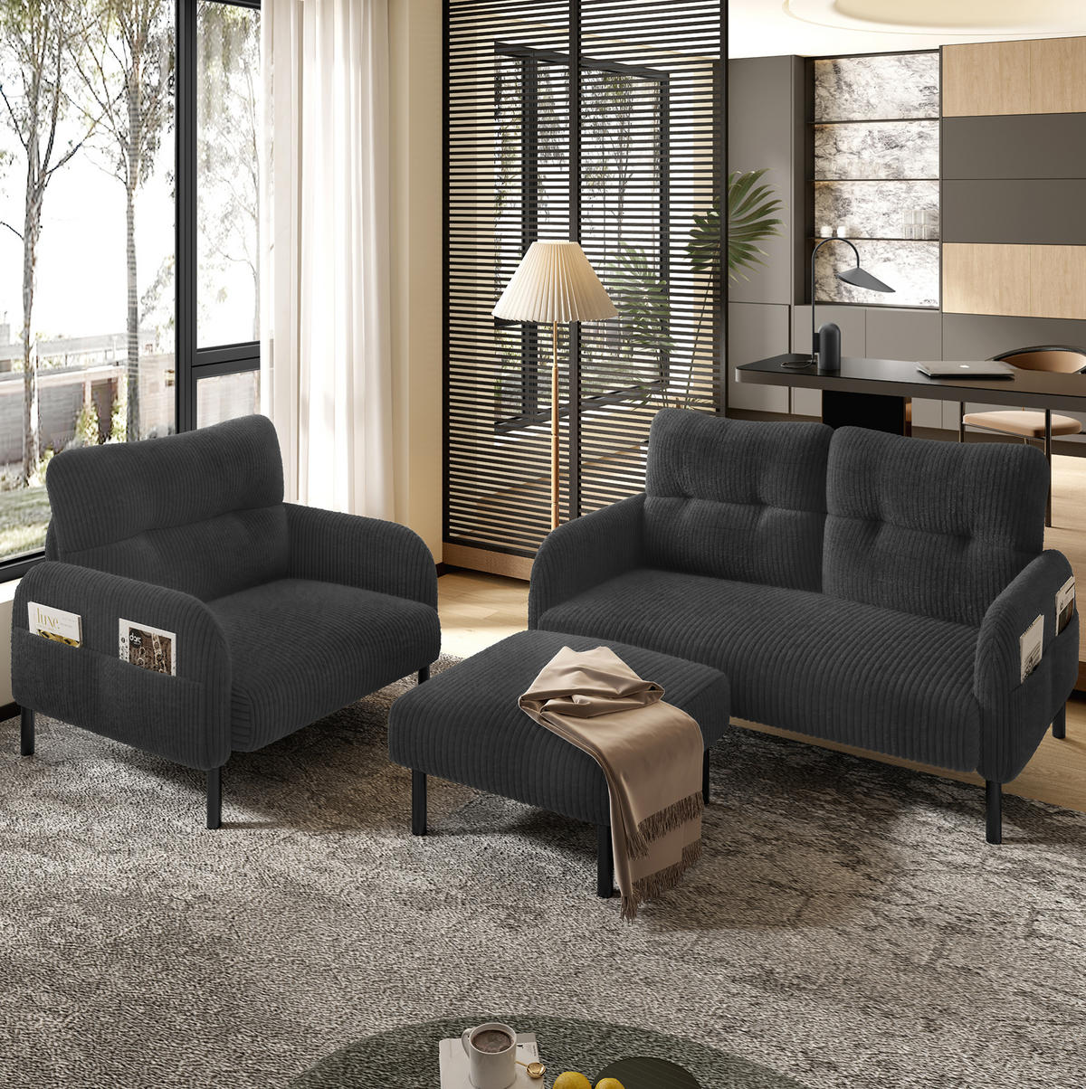 SESSEL 67/75/79 cm in Grau aus Cord mit Seitentasche und Metallgestell - Grau, Textil (67/79/75cm) - BEAOK
