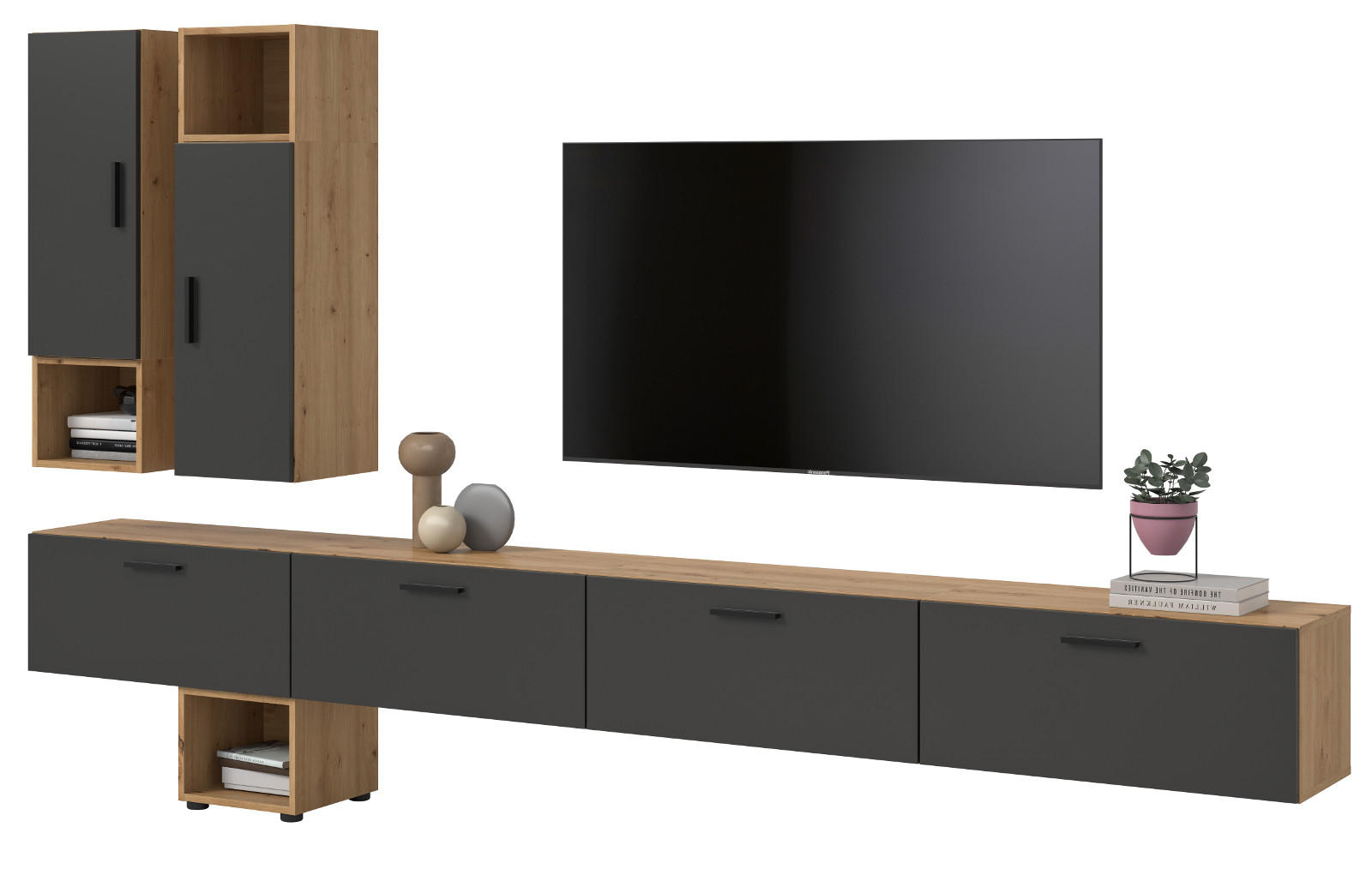 Inn.Furn Wohnwand Eiche Artisan, Grau 300x178x34 cm