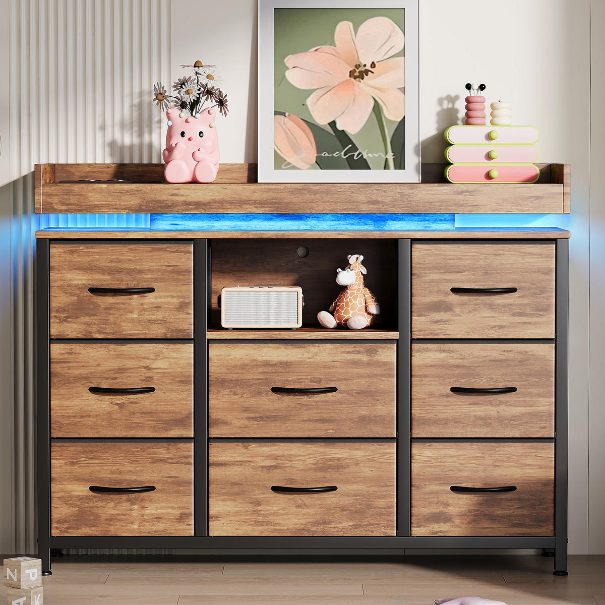 KOMMODE 8 Schubladen Holzoptik, RGB-LED, USB, Kippschutz - Multicolor, Holz (30/82/108cm) - SHOPENTRA