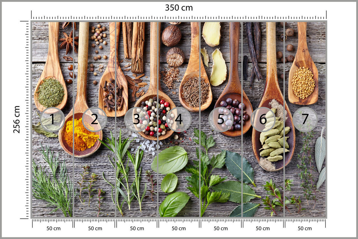 FOTOTAPETA Pre Kuchyňu Bylinky Korenie Drevená Lyžica Stôl 350 x 256 cm - oranžová/hnedá, papier (350/256cm) - Muralo