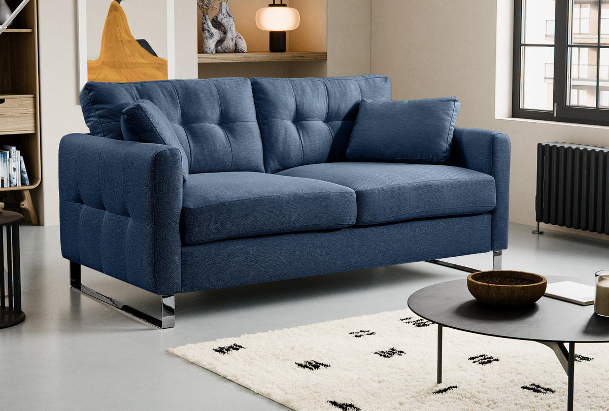 SOFA blau Flachgewebe 2-Sitzer 175 cm, Couch mit Steppoptik - Blau/Chromfarben, Holz/Textil (175/92/94cm) - Inn.Furn
