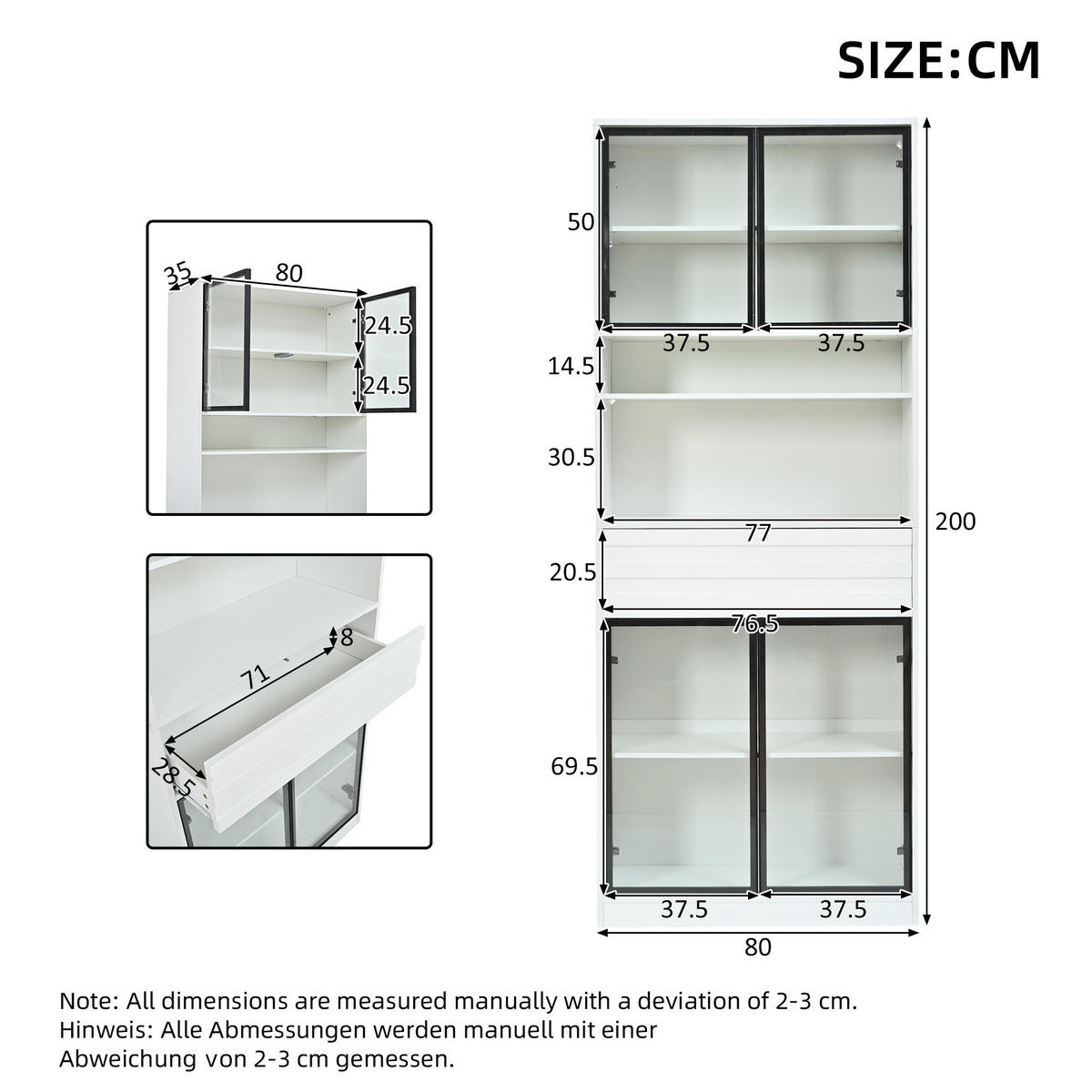 VITRINE 80x35x200 cm Weiß mit RGB LED und 4 Glastüren - Weiß, Holzwerkstoff (80/200/35cm) - FLIEKS
