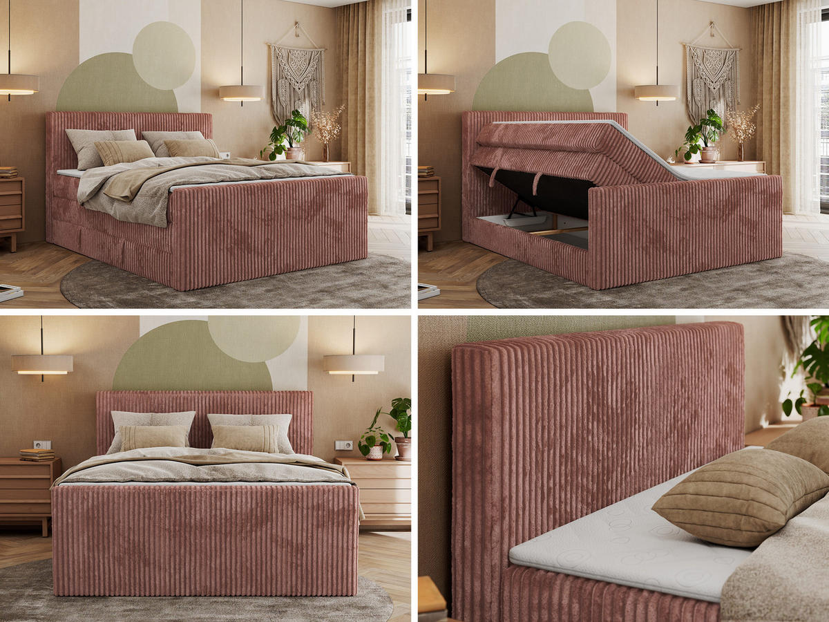 BOXSPRINGBETT TILIANO KING DUO 140/200 - Rosa Cord - H3 - Rosa, Textil (140/200cm) - MKS