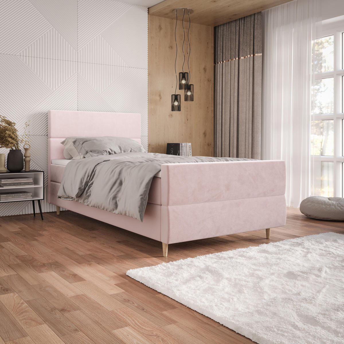 BOXBETT FLO PLUS 100x200 Itaka 58, mit Matratze H3, Bonell und Topper, Rosa - Rosa, Holz/Textil (100/200cm) - Bedante