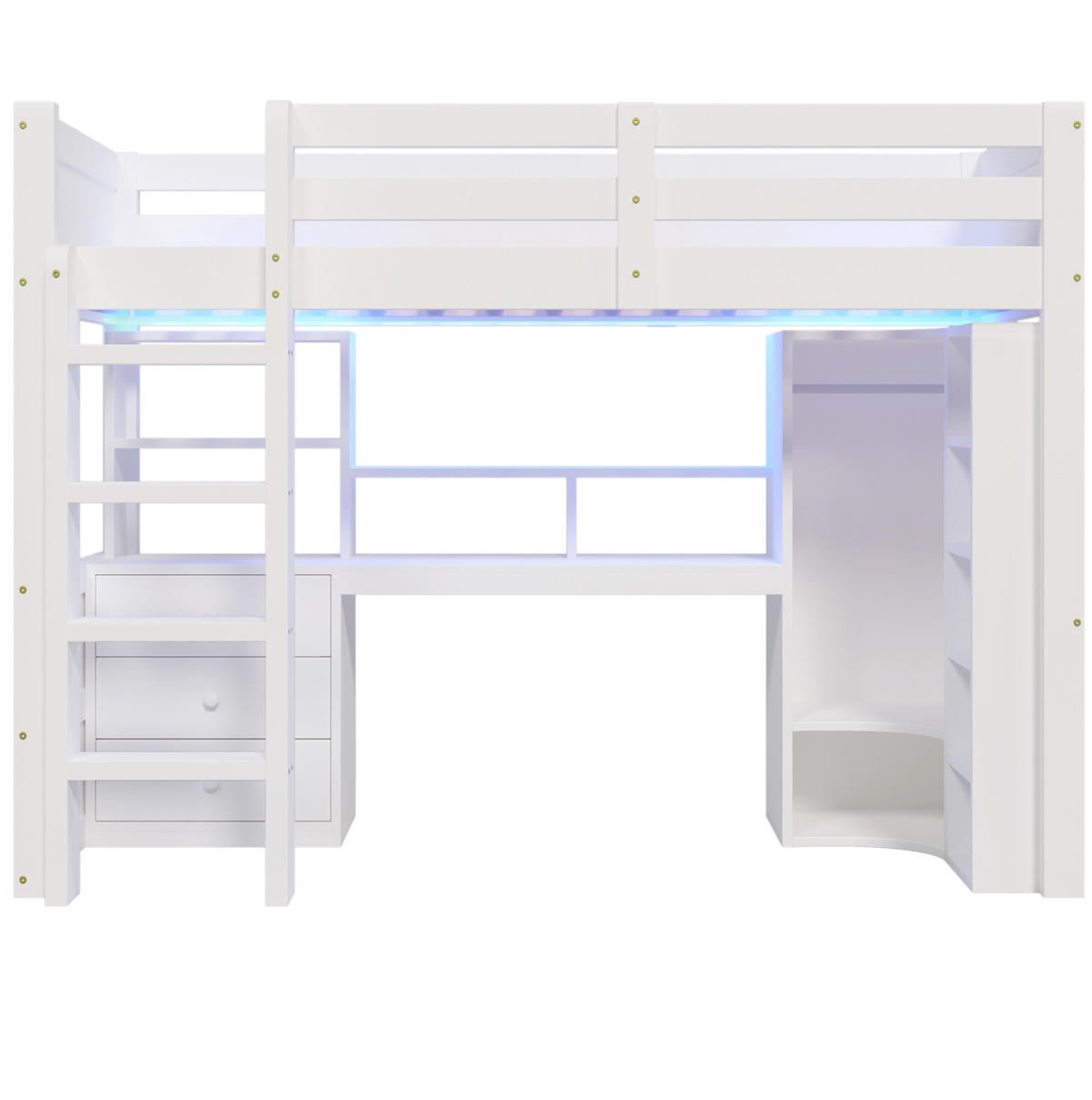 HOCHBETT 90/200 cm in Weiß – mit Schreibtisch, Kleiderschrank und LED - Weiß, Holzwerkstoff (90/200cm) - BEAOK