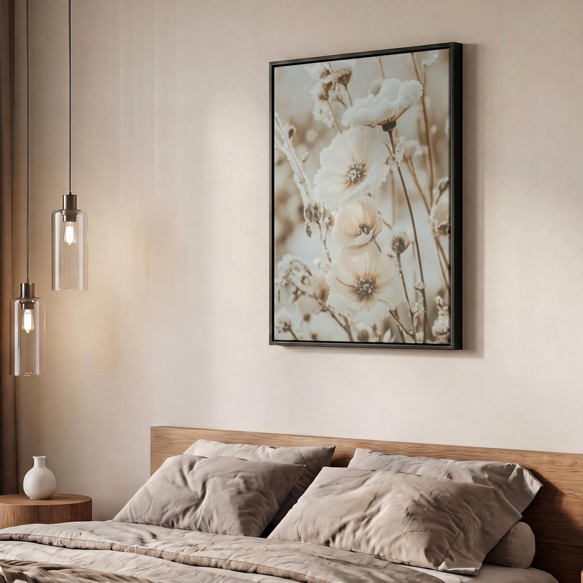 LEINWAND Bilder mit Rahmen - Blumen - Winter - Weiß - Schnee - Beige - 60x80 - Creme, Textil (60/80cm) - MuchoWow