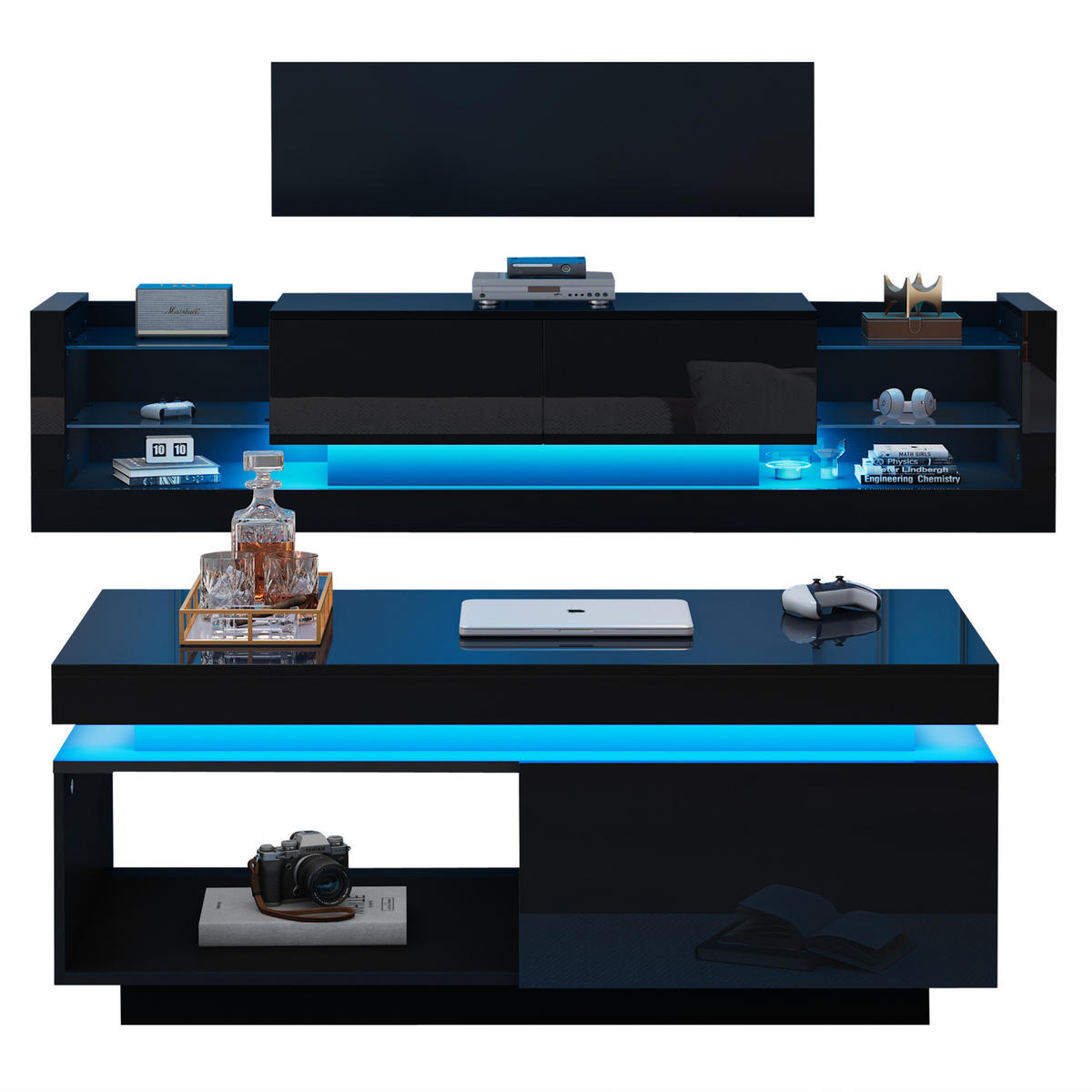 OBÝVACÍ sestava z dřevotřísky 181x38x38 cm černá s LED osvětlením, TV skříňkou a konferenčním stolkem - černá, kompozitní dřevo (100/50/40cm) - Modfu