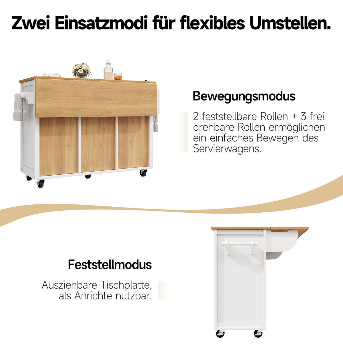 KÜCHENINSEL 137,9/73/92,5 cm aus MDF und Metall mit klappbarer Arbeitsfläche Weiß - Weiß, Holzwerkstoff (137.9/92.5/73cm) - Modenvie