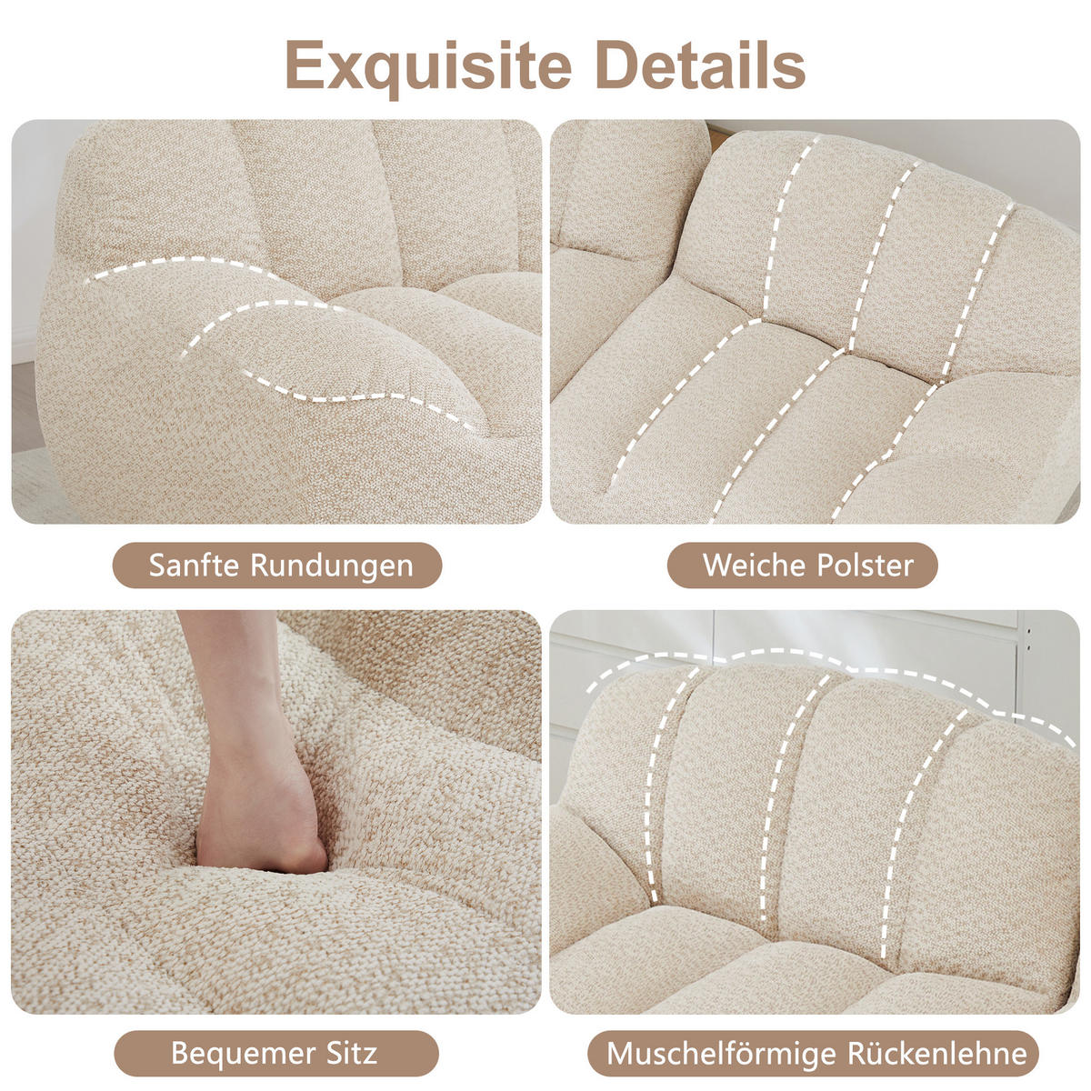 3-SITZER SOFA aus granuliertem Fleece, frameless Lounge-Design ohne Montage - Creme, Textil (288/79/104cm) - Urban Meuble