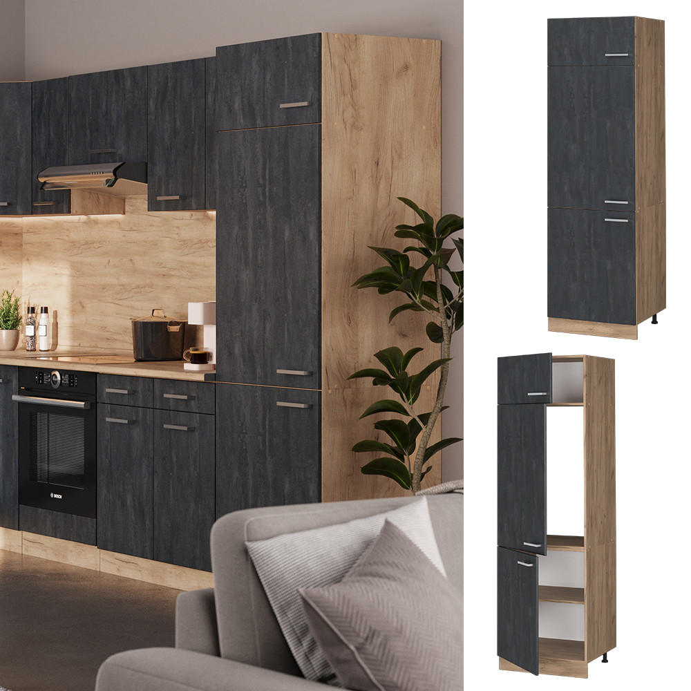 KÜHLUMBAUSCHRANK R-Line Schwarz Beton 60 cm - Honigeiche/Eiche Wotan, Holzwerkstoff (60/206.8/57.2cm) - Vicco