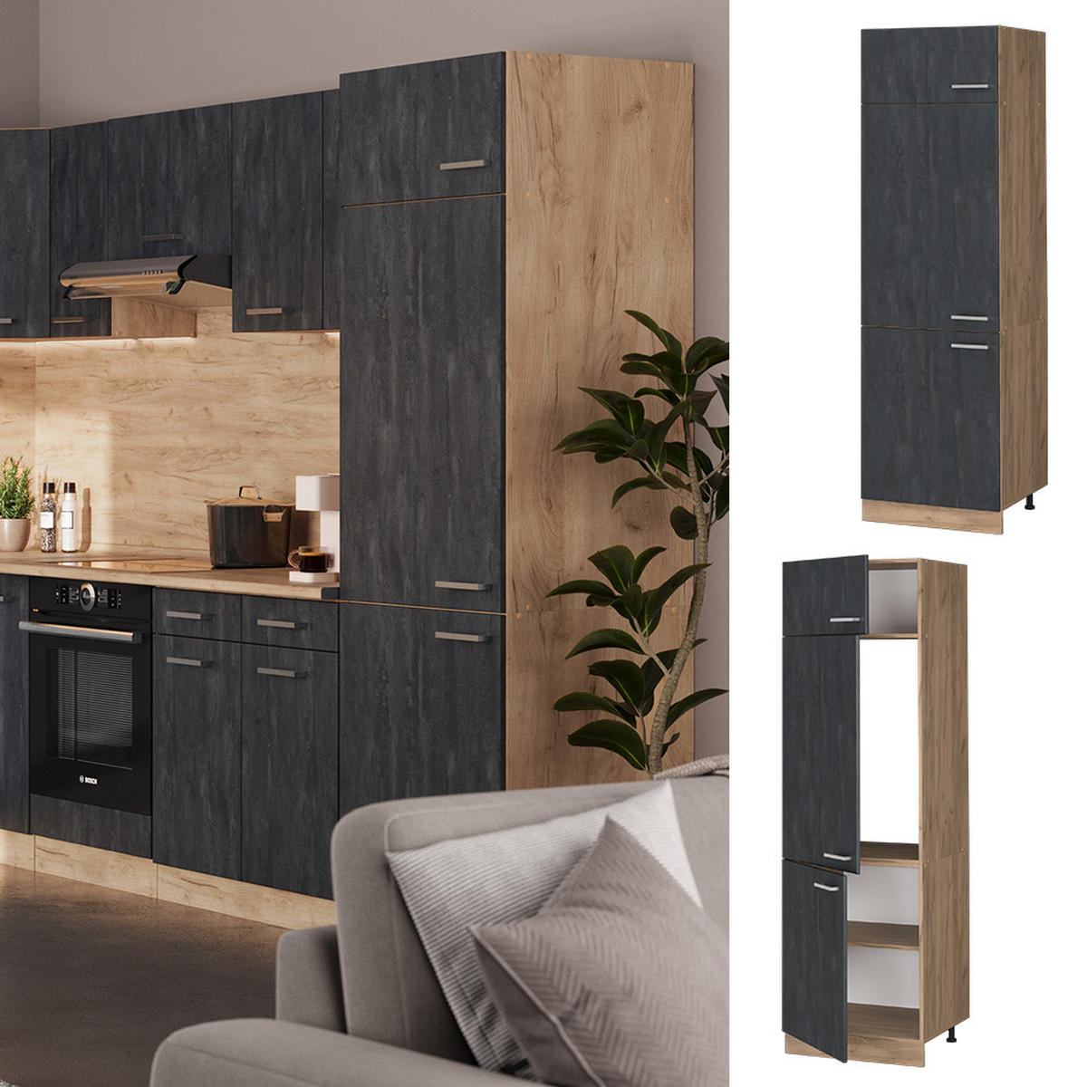 KÜHLUMBAUSCHRANK R-Line Schwarz Beton 60 cm - Honigeiche/Eiche Wotan, Holzwerkstoff (60/206.8/57.2cm) - Vicco