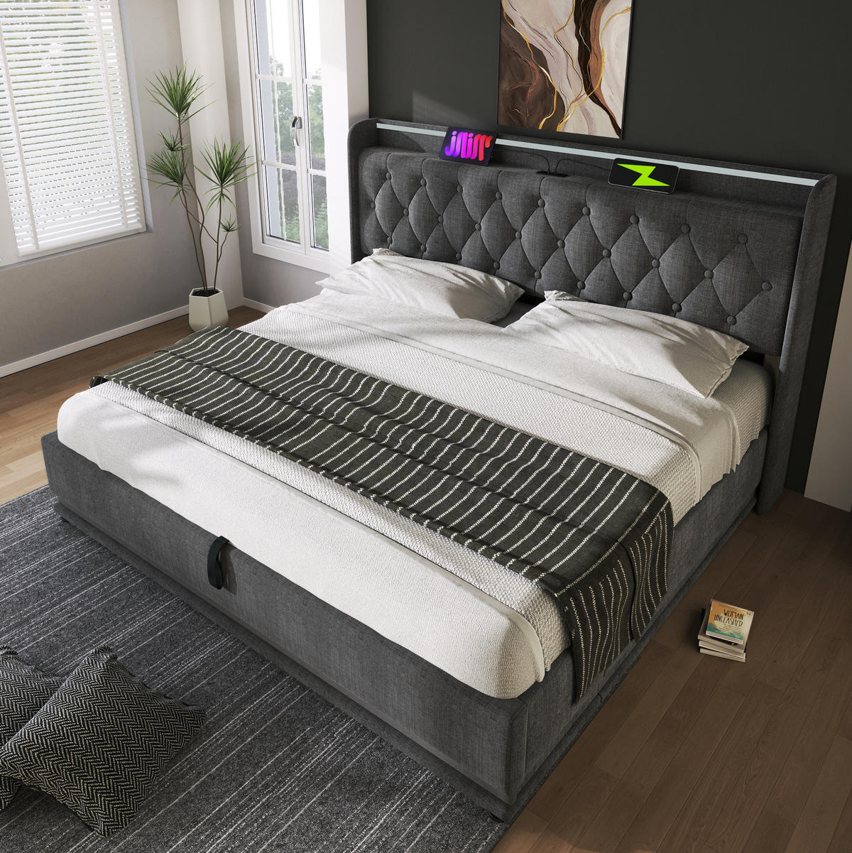 POLSTERBETT 180/200 cm aus Samt mit Stauraum LED und klappbarem Kopfteil Beige - Beige, Textil (180/200cm) - Modenvie