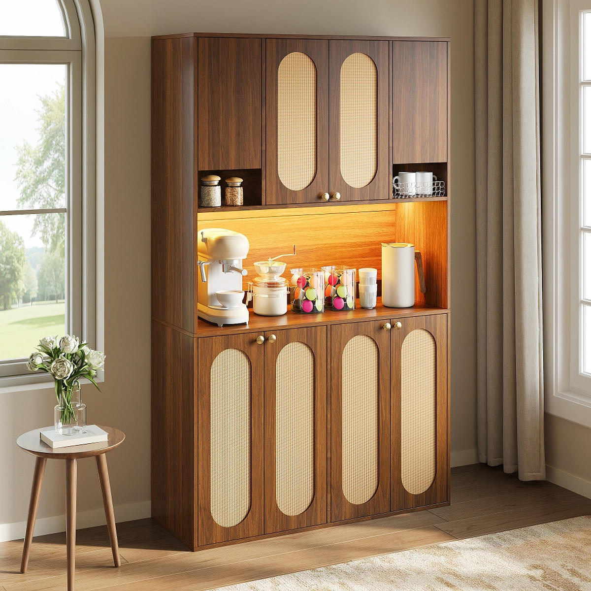 KÜCHENSCHRANK-SCHRANK Hausbar-Schrank, MIT LED-BELEUCHTUNG, 8 Türen, PE-Rattan, MDF Natur, Esszimmer Wohnzimmer, 106/40/178 cm - Naturfarben, Kunststoff (40/178/106cm) - Rolipo