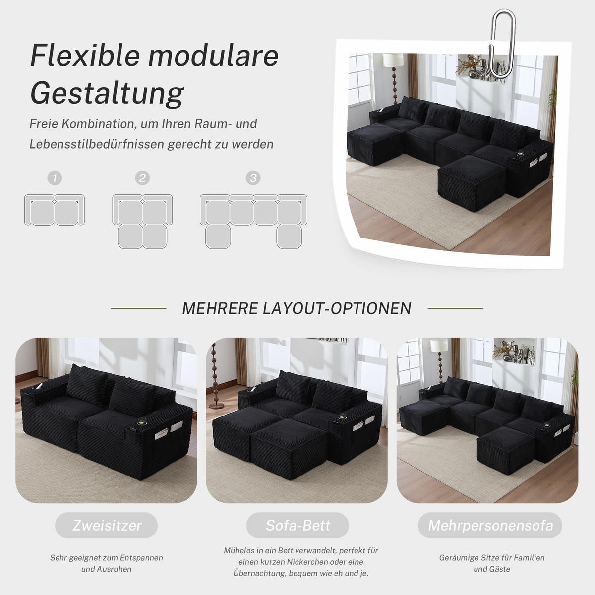 WOHNLANDSCHAFT 330/162/75 cm Schwarz mit 2 Fußhocker, Getränkehalter und Seitentaschen - Schwarz, Textil (330/75/162cm) - Oxeza