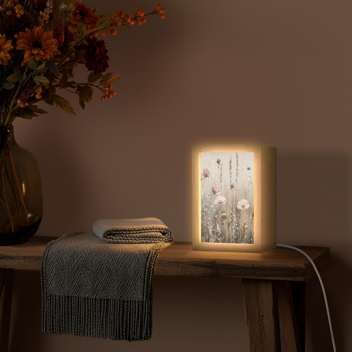 NÁSTĚNNÁ LAMPA Květiny - růžová - moderní - béžová 15x20 cm - starorůžová, kompozitní dřevo (15/20/8cm) - OnlyWow