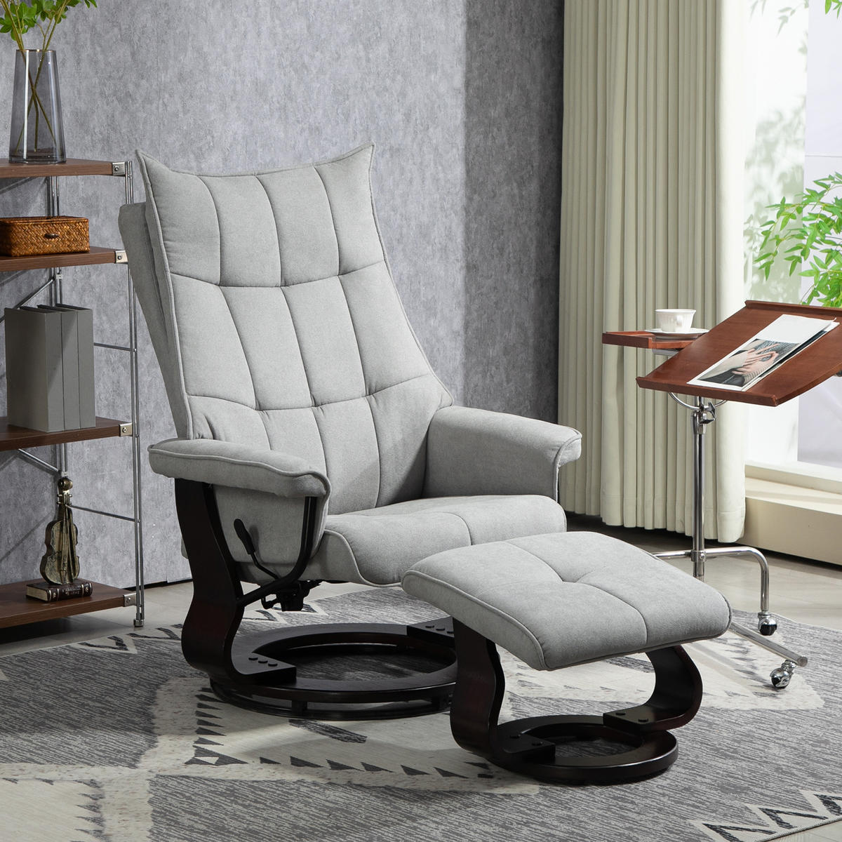 RELAXSESSEL mit Hocker, Drehbar Fernsehsessel mit Liegefunktion Samtoptik - Dunkelbraun/Grau, Holz/Textil (87/113/81cm) - HOMCOM