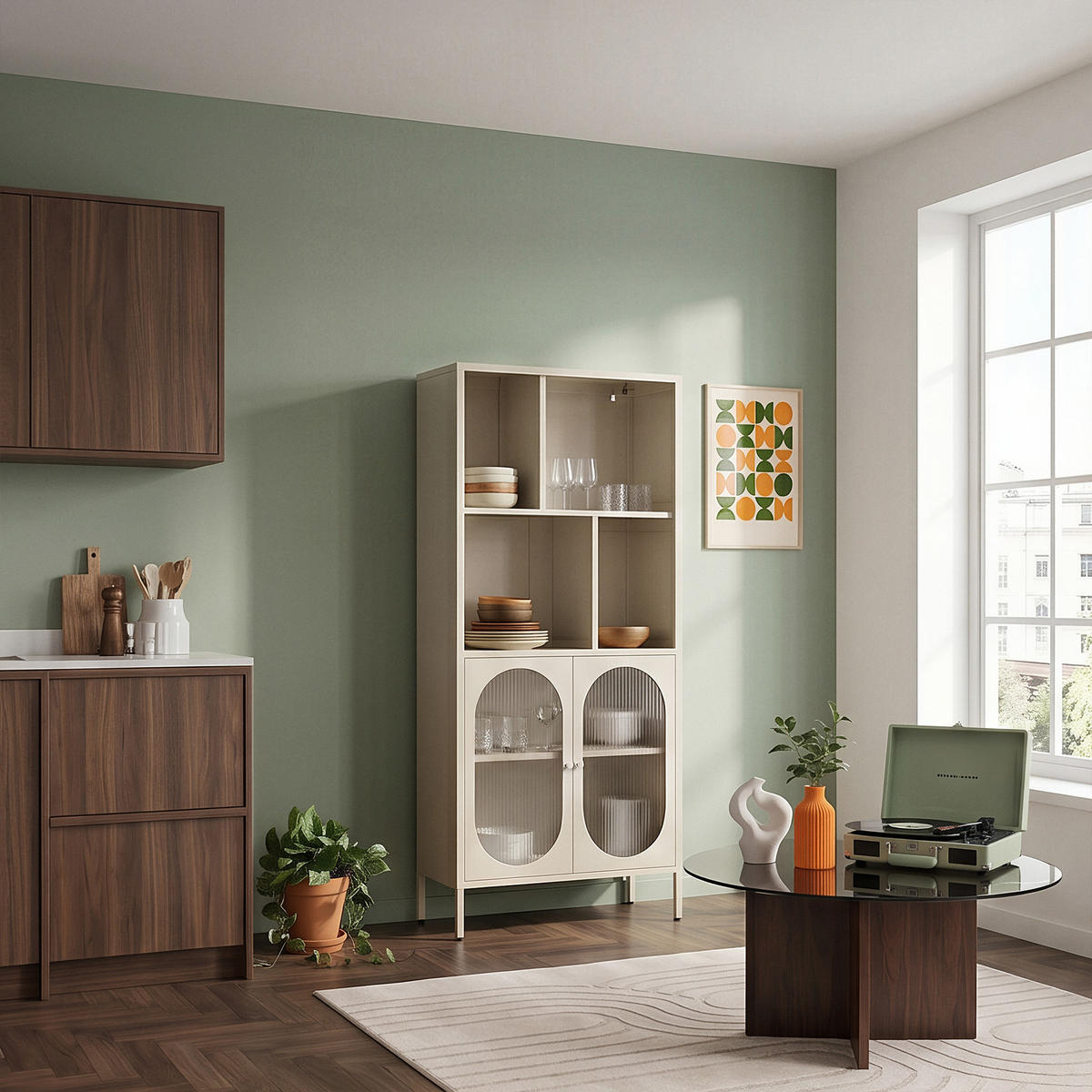 BÜCHERREGAL Metall industriell MILIE, 180 cm hoch, 2 Türen, 4 Nischen, beige und geriffeltes Glas - Beige, Metall (80/180/35cm) - Sicaan