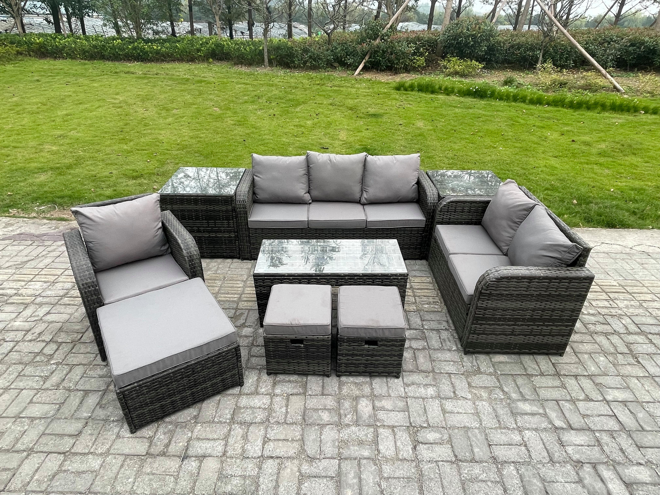 GARTENSOFA SET mit rechteckigem COUCHTISCH Polyrattan 9-Sitzer Dunkelgrau - Dunkelgrau/Grau, Glas/Kunststoff - Fimous