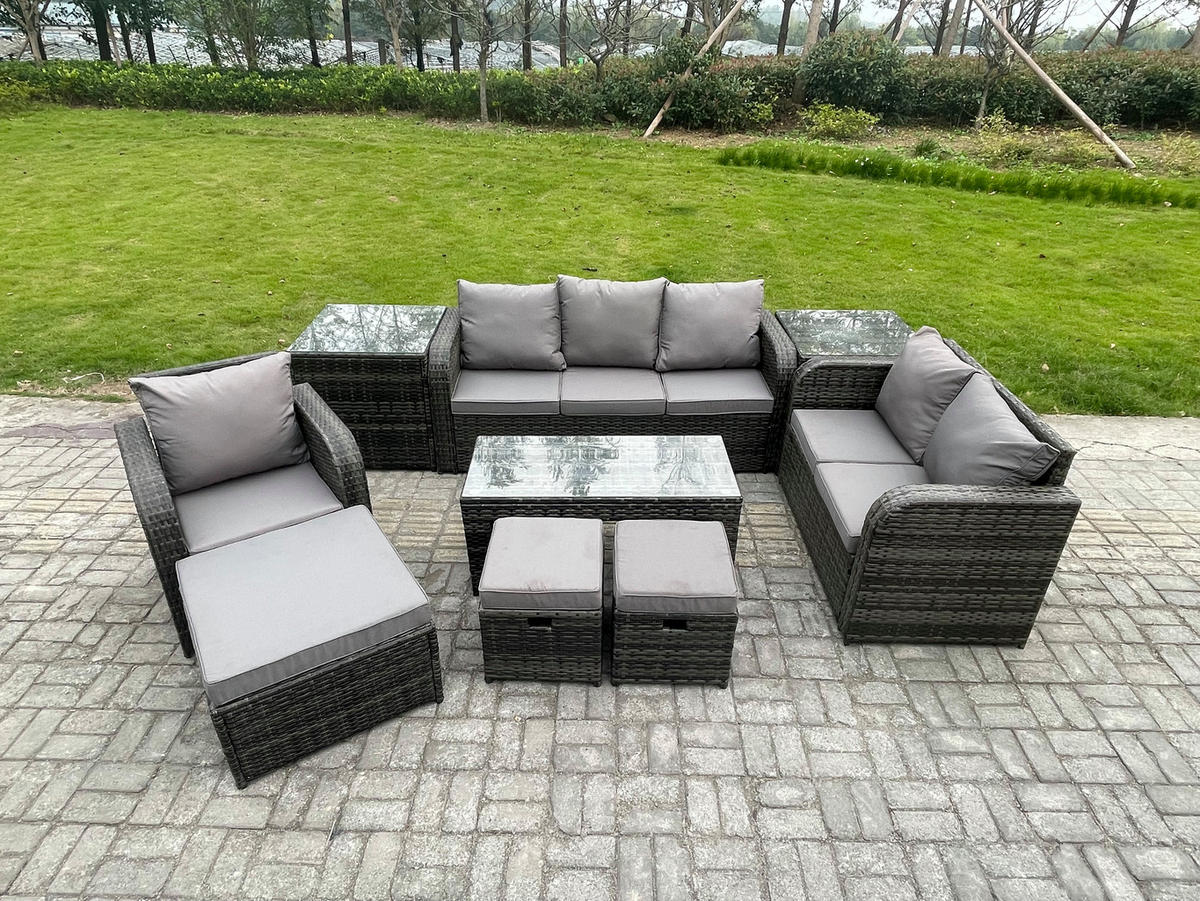 GARTENSOFA SET mit rechteckigem COUCHTISCH Polyrattan 9-Sitzer Dunkelgrau - Dunkelgrau/Grau, Glas/Kunststoff - Fimous