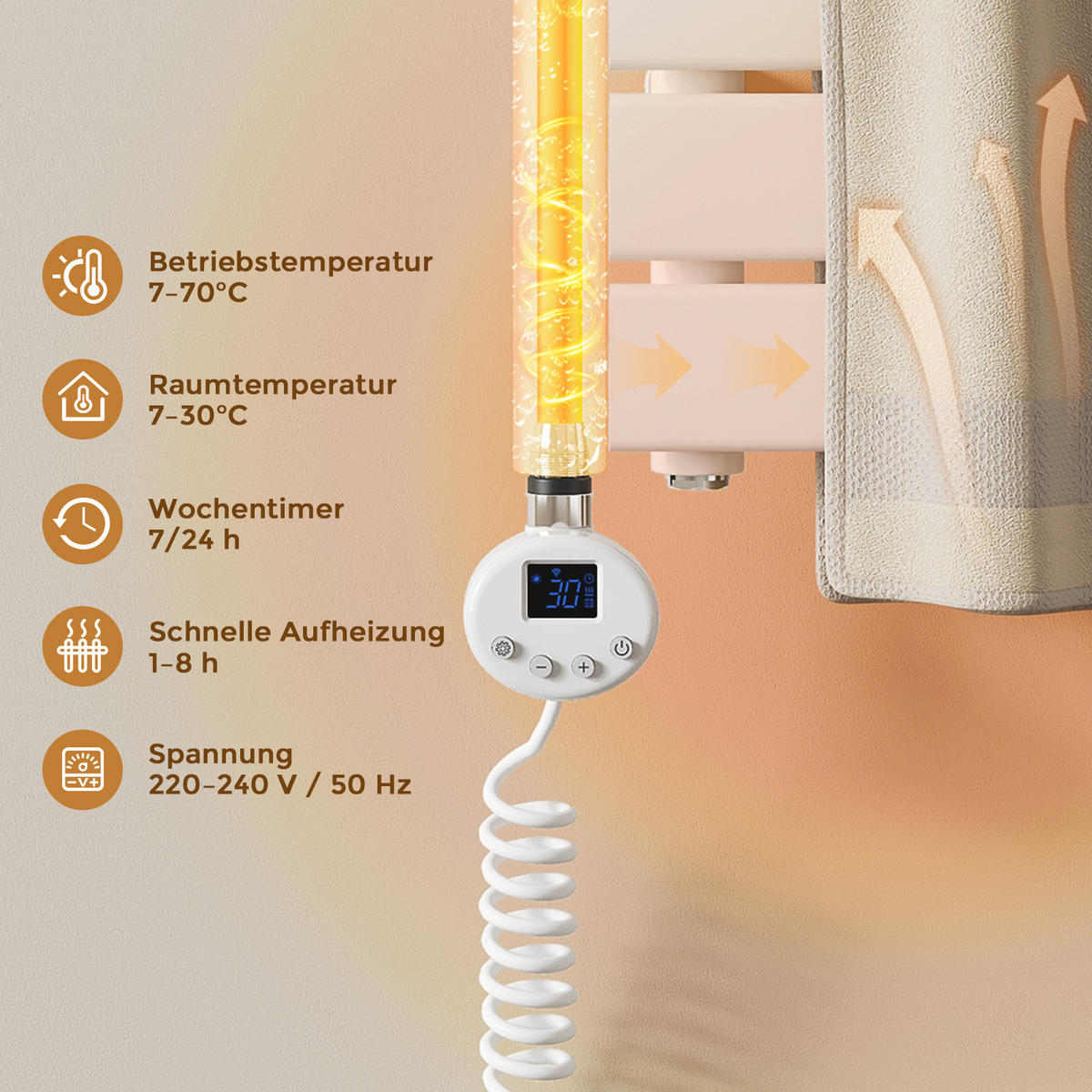HEIZSTAB 900 W Weiß mit WLAN-Thermostat G1/2" für Handtuchheizkörper und Badheizkörper - Weiß, Metall (6.9/83/6.2cm) - S'AFIELINA