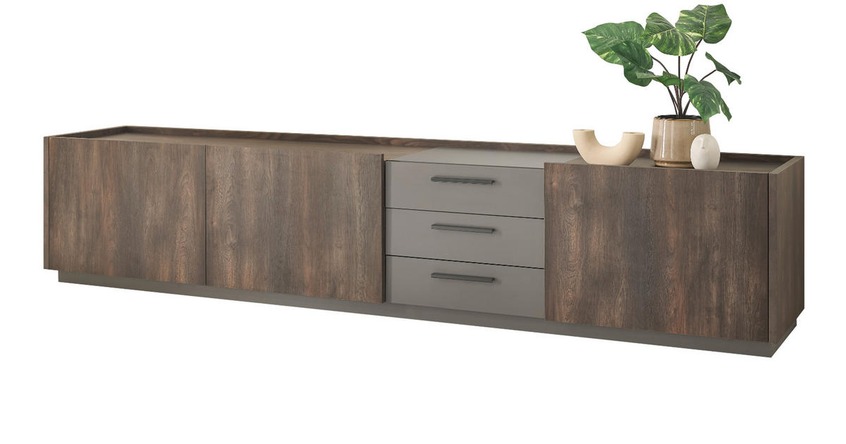 TV-LOWBOARD Thermo Eiche, grau, XXL TV Unterteil mit Soft-Close 240 cm - Eichefarben/Schwarz, Holzwerkstoff/Kunststoff (240/50/45cm) - Furn.Design